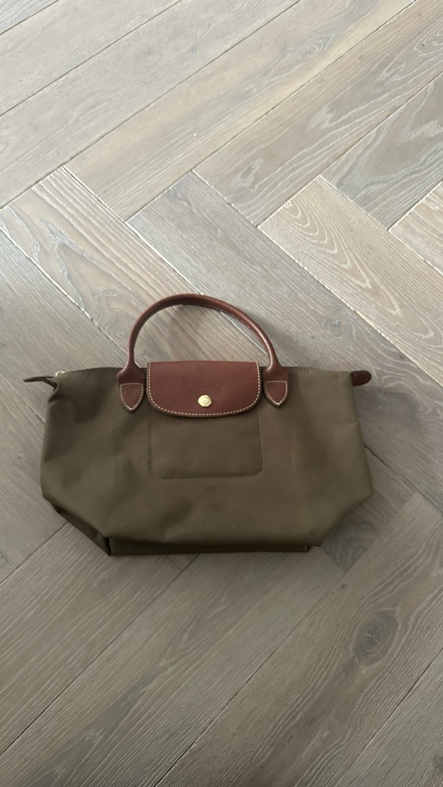 Originele Longchamp Le Pliage Handtas – Khaki / Legergroen, Verzenden, Zo goed als nieuw, Bruin