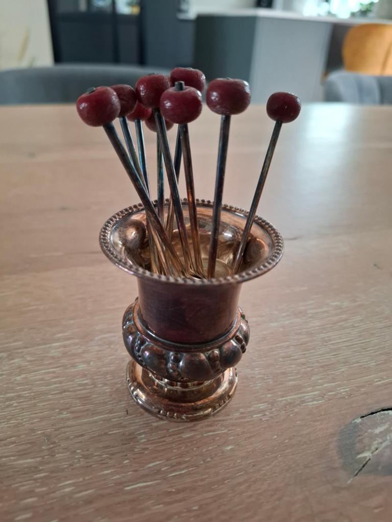 Antieke verzilverde Cocktailset - Lepeltjes met kersen, Ophalen, Zilver