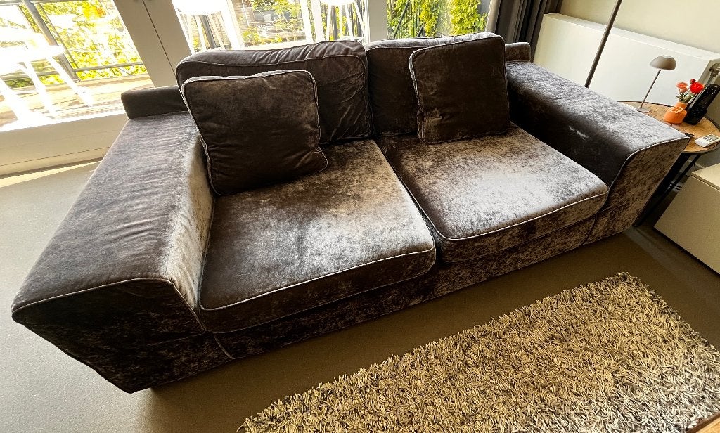 Banken zithoek, twee dezelfde, velours, taupe, plofbank, Ophalen, Gebruikt, Minder dan 75 cm, Driepersoons