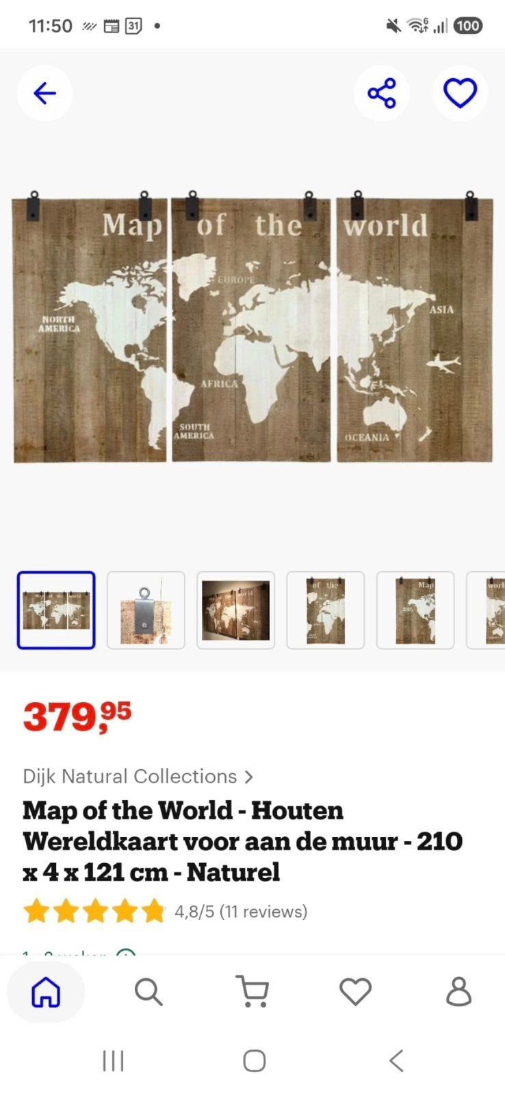 Houten Wereldkaart Wanddecoratie - 210x121 cm, Ophalen, Hout, Nieuw, Bruin