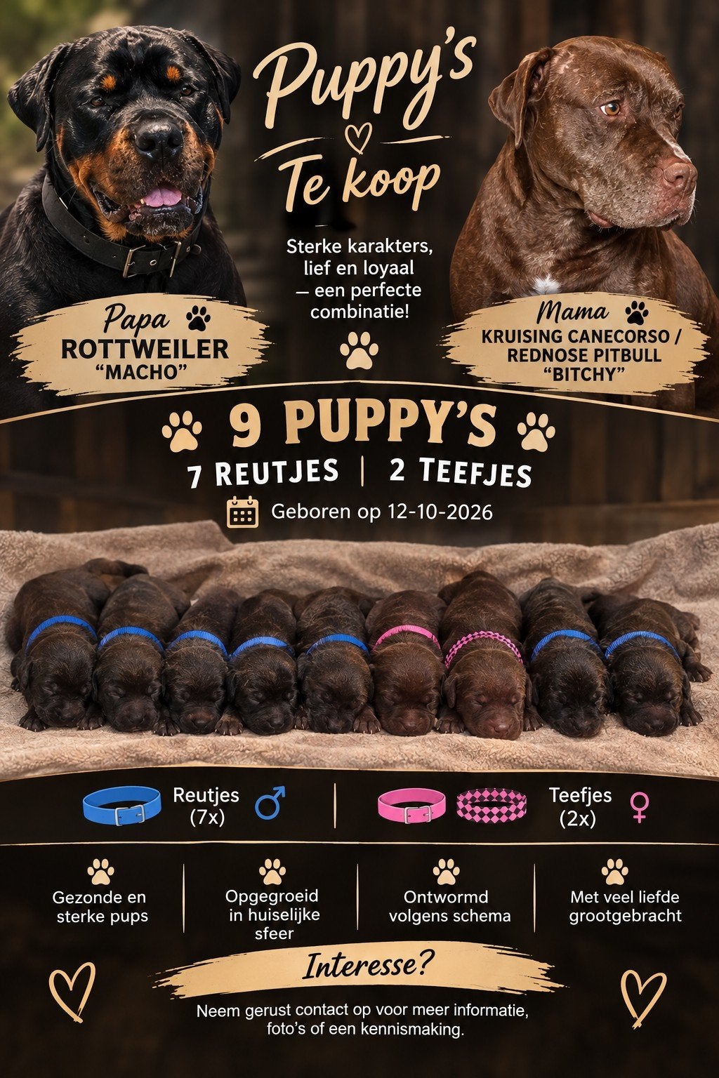 9 gezonde pups rottweiler/canecorso rednose, 8 tot 15 weken, Meerdere, Meerdere dieren, CDV (hondenziekte)