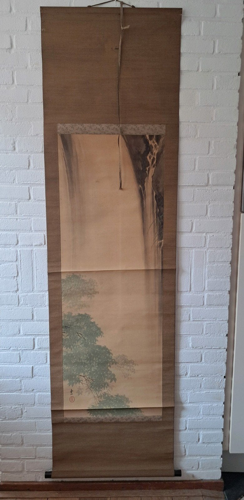 Antieke Japanse Rol - Landschap met Waterval (180-190 cm), Ophalen, Landschap, Tekening, Klassiek