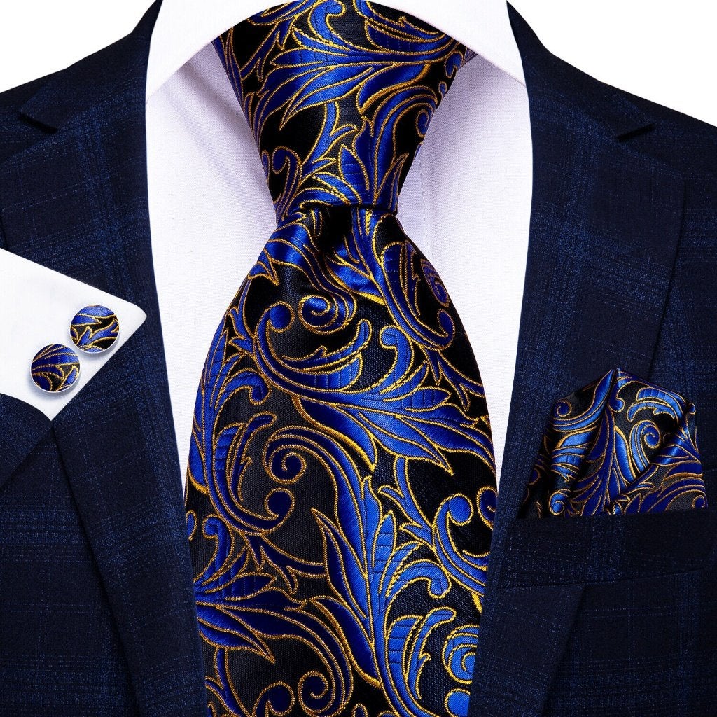 100% zijde Stropdas Pochet Manchetknopen Blauw Goud -NIEUW-, Ophalen of Verzenden, Nieuw, Blauw, Met patroon