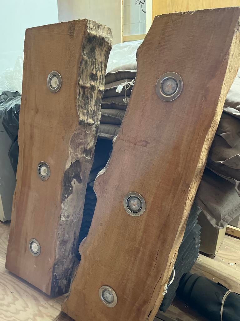 Eikenplank lamp / spotjes / mancave / cafe, Ophalen, Gebruikt, Hout