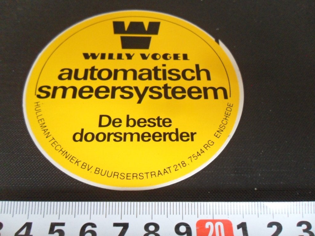 sticker enschede WILLY VOGEL automatisch smeersysteem, Verzamelen, Ophalen of Verzenden, Zo goed als nieuw