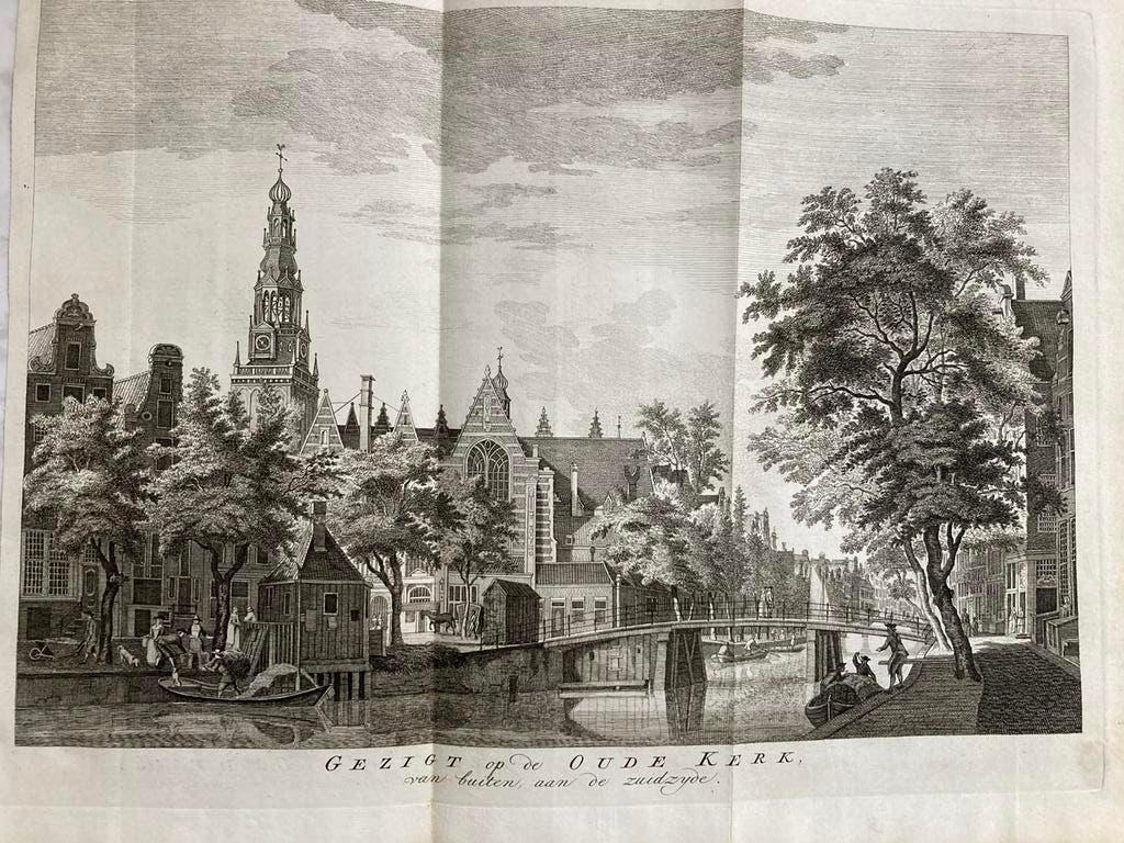 Gezigt op de Oude Kerk, Paulus van Liender, 1760, 36x25cm., Antiek en Kunst, Kunst | Etsen en Gravures, 2000 tot heden, Origineel