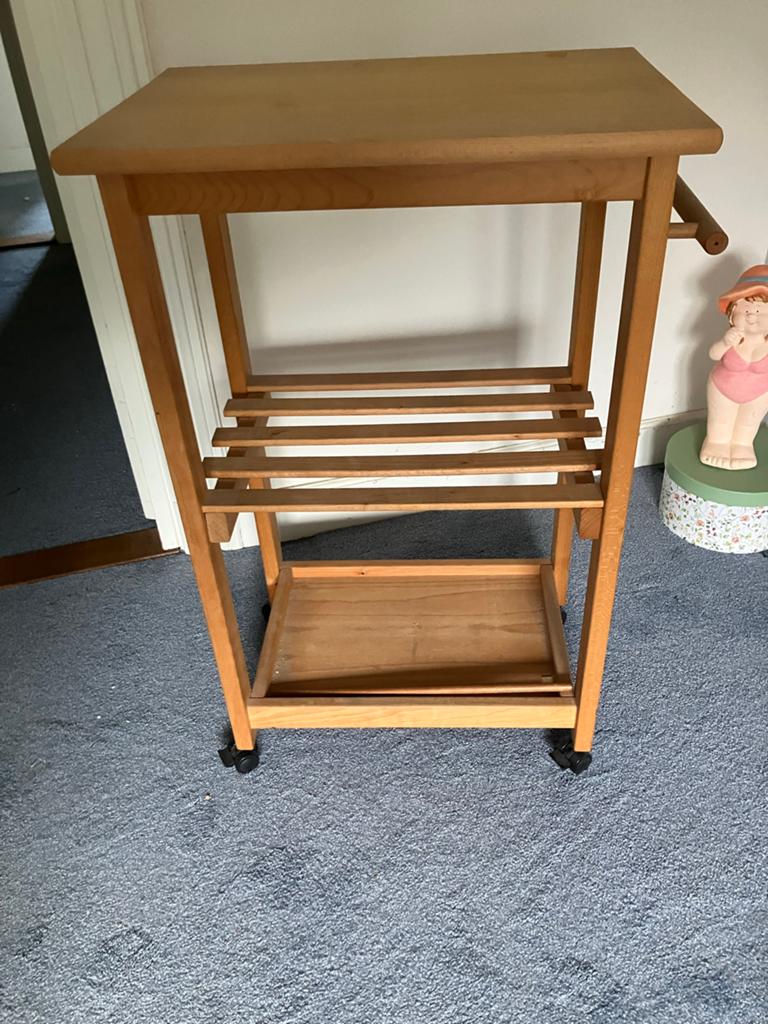 Houten serveerwagen keuken trolly op wielen, Ophalen, Zo goed als nieuw