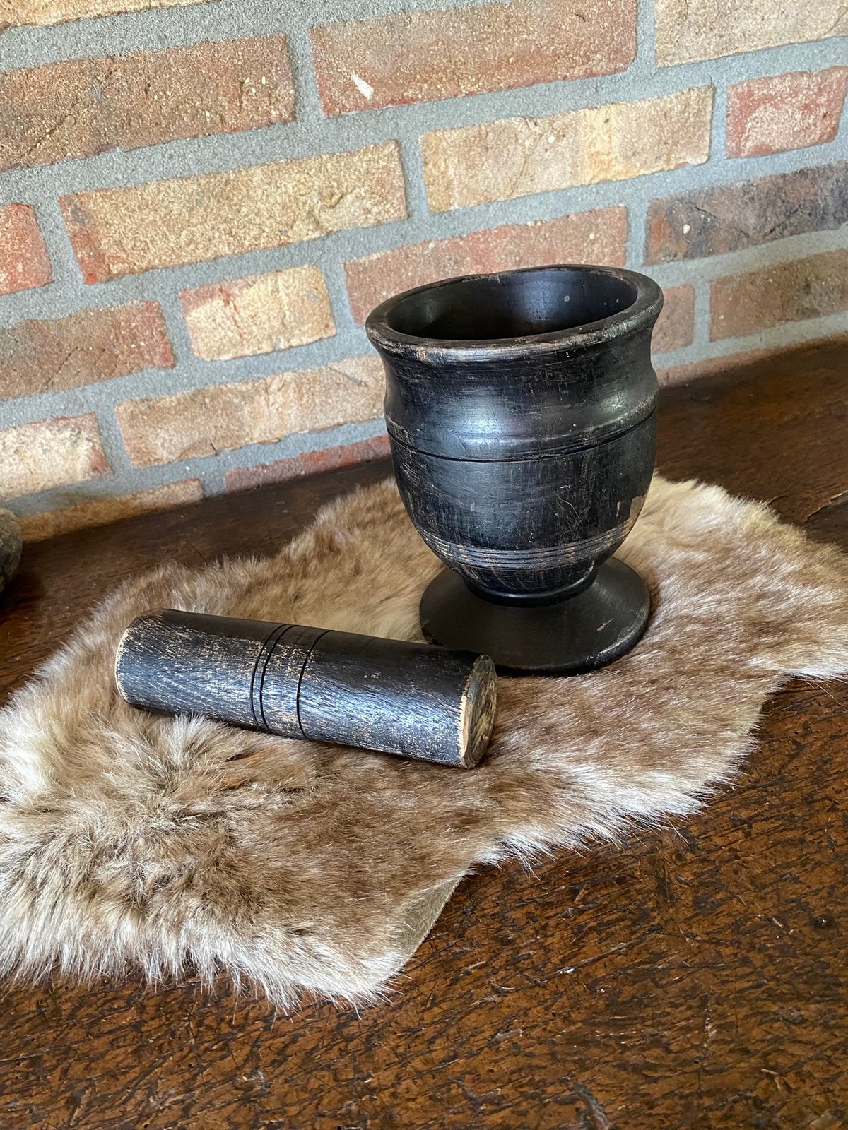 Brocante oude houten vijzel met stamper, Ophalen of Verzenden