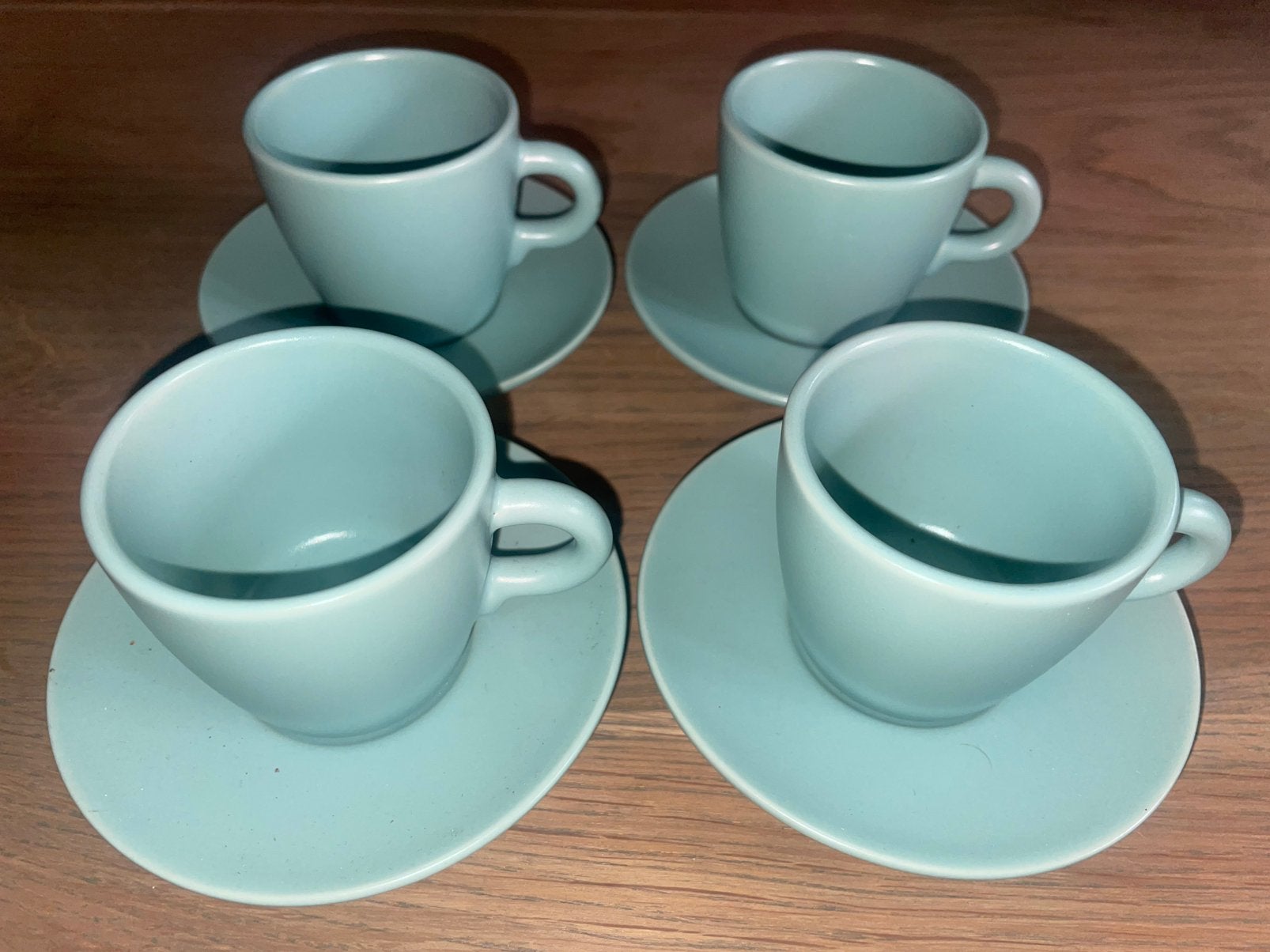 4 Ikea mintgroen turkoise espressokopjes espresso schotels, Ophalen of Verzenden, Zo goed als nieuw, Porselein