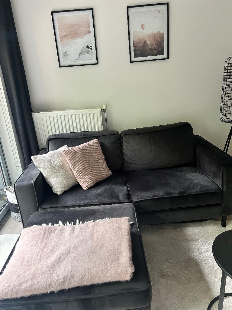 Antraciet velvet bank met losse hocker, Ophalen, 150 tot 200 cm, Tweepersoons, 75 tot 100 cm