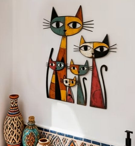 Muurdecoratie Katten gekleurd 30 cm metaal, Metaal, 30 cm, 30 cm, Meerkleurig