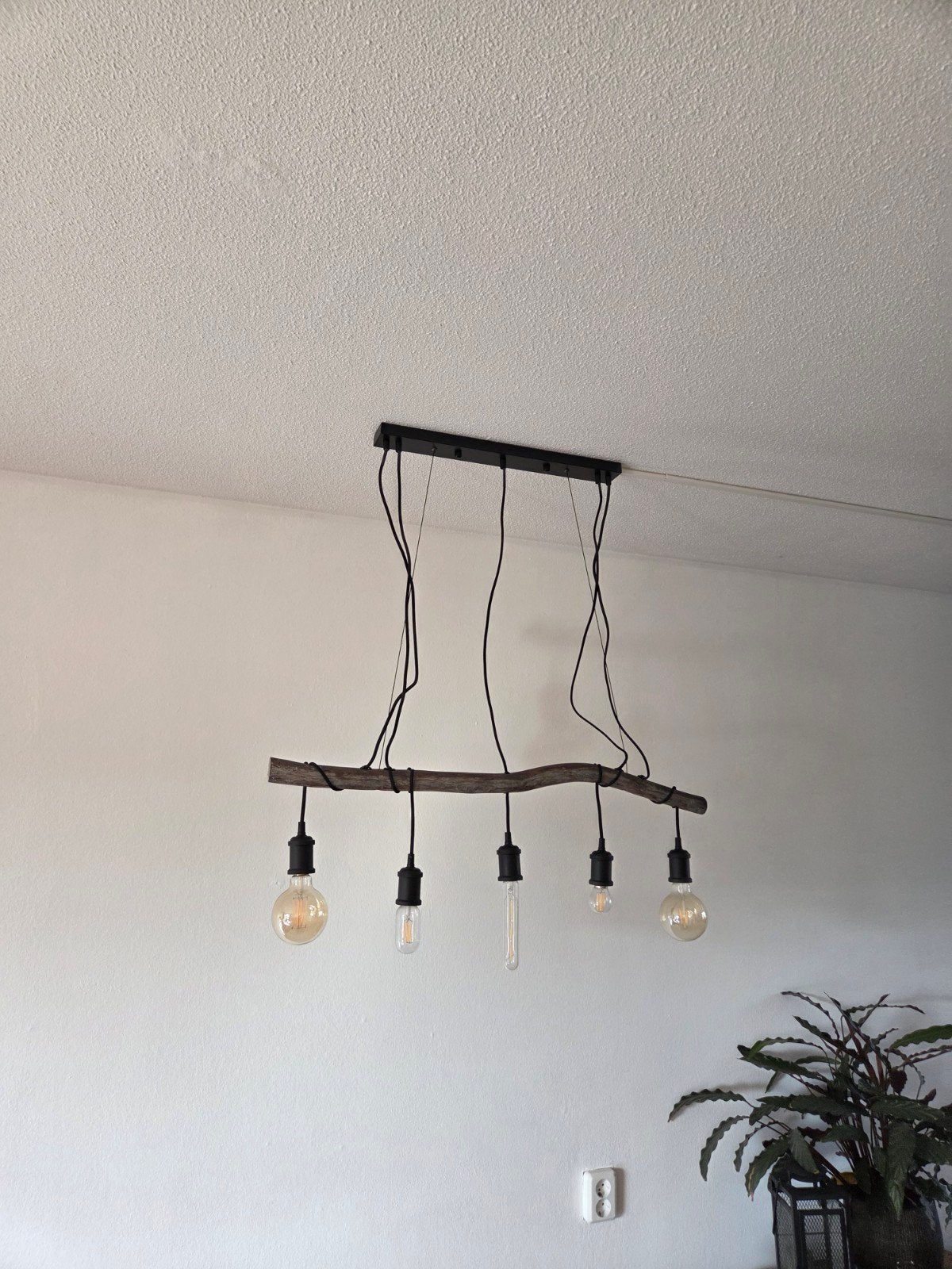 Unieke hanglamp van drijfhout met 5 lichtpunten, Huis en Inrichting, Gebruikt, Rustiek, Industrieel, Landelijk, Hout, E27 (groot)