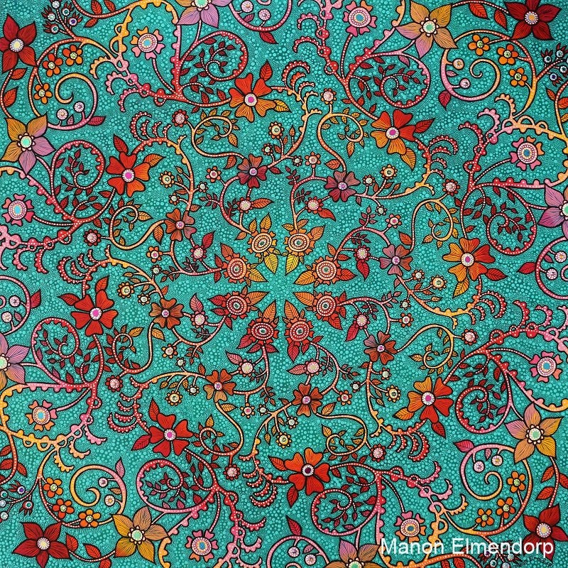 Handgeschilderd Uniek Schilderij Bloemen Mandala 80 x 80 cm, Ophalen, Acrylverf, Op houten frame, Overige materialen