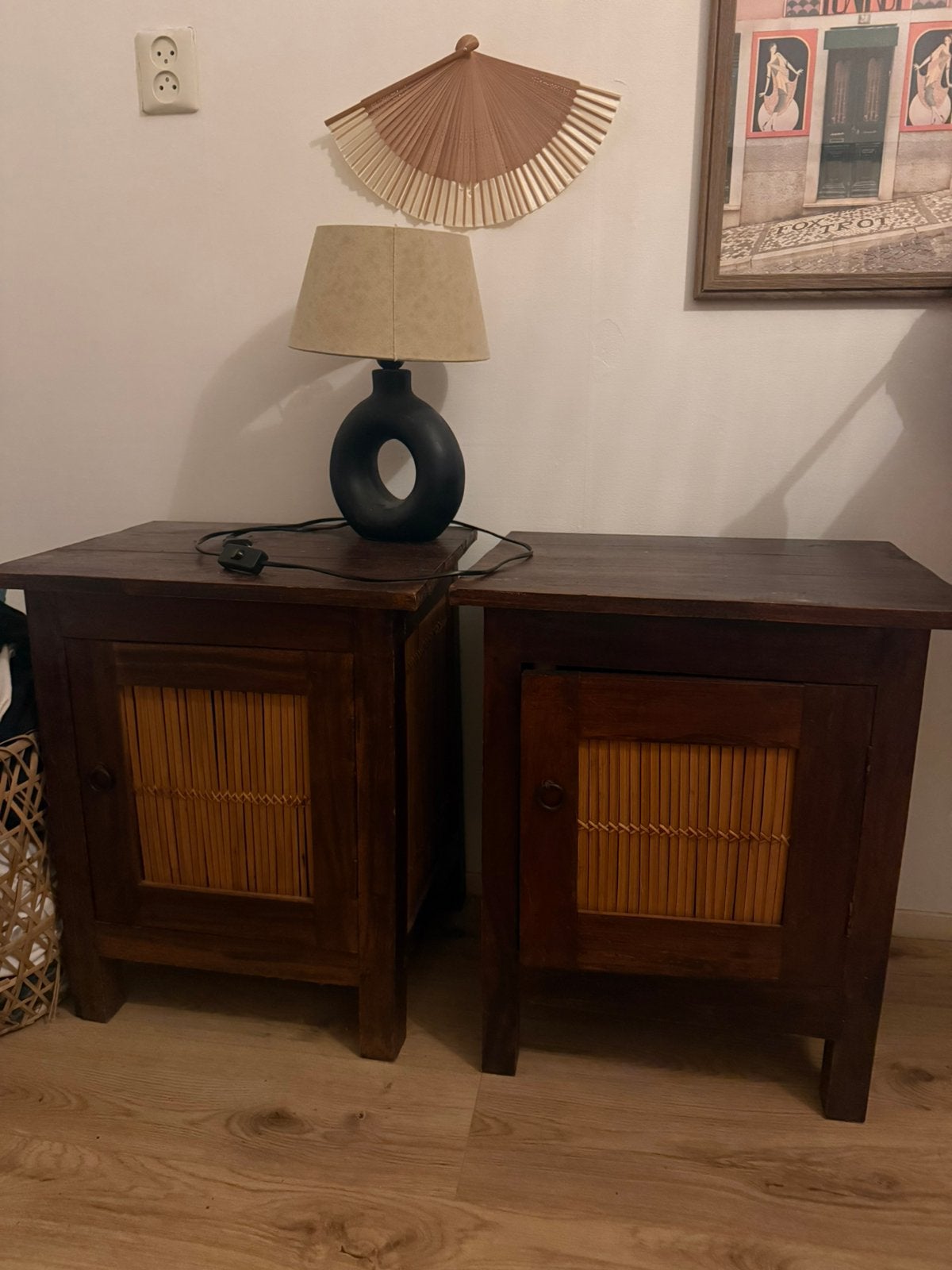 Twee nachtkastjes vintage bruin scandinavisch japandi rotan, Ophalen, Zo goed als nieuw, Minder dan 45 cm