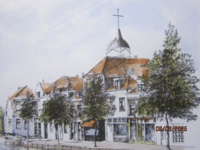 Overschie Rotterd, Mooie prent/aquarel van Dhr WH SETZ, Gebruikt, Ophalen of Verzenden, Voor 1940, Prent