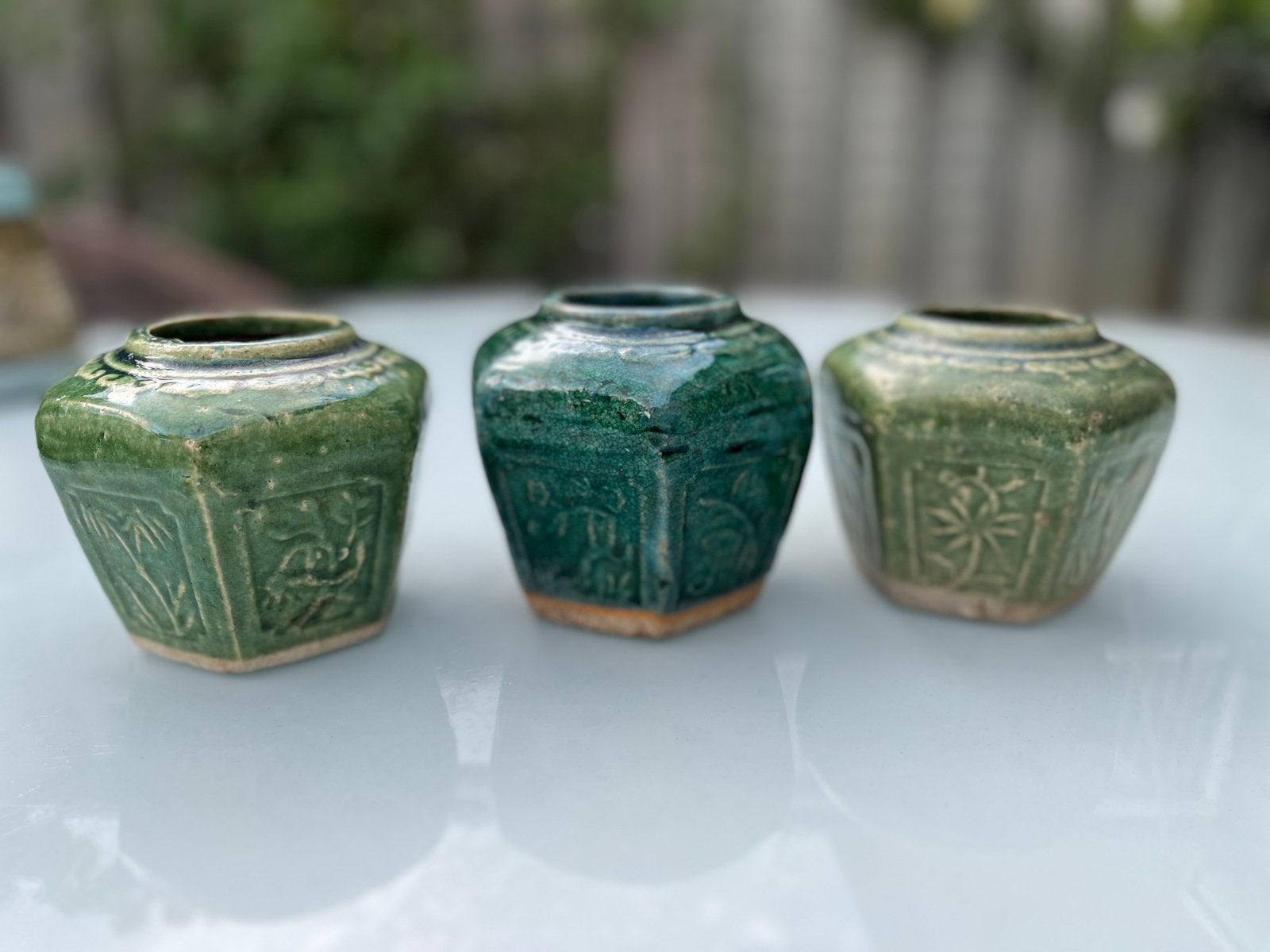 Set van 3 antieke Chinese gemberpotjes, groen geglazuurd, Antiek en Kunst, Ophalen of Verzenden