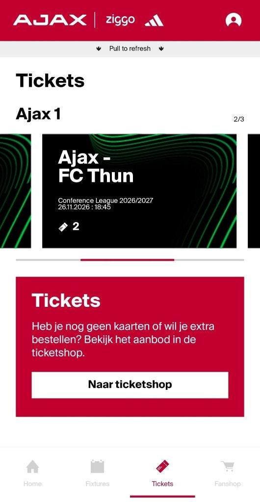 Ajax vs Fc Thun 2 tickets naast elkaar Vak 422 (lange zijde), Tickets en Kaartjes, Losse kaart, Twee personen, November, Europa of Champions League