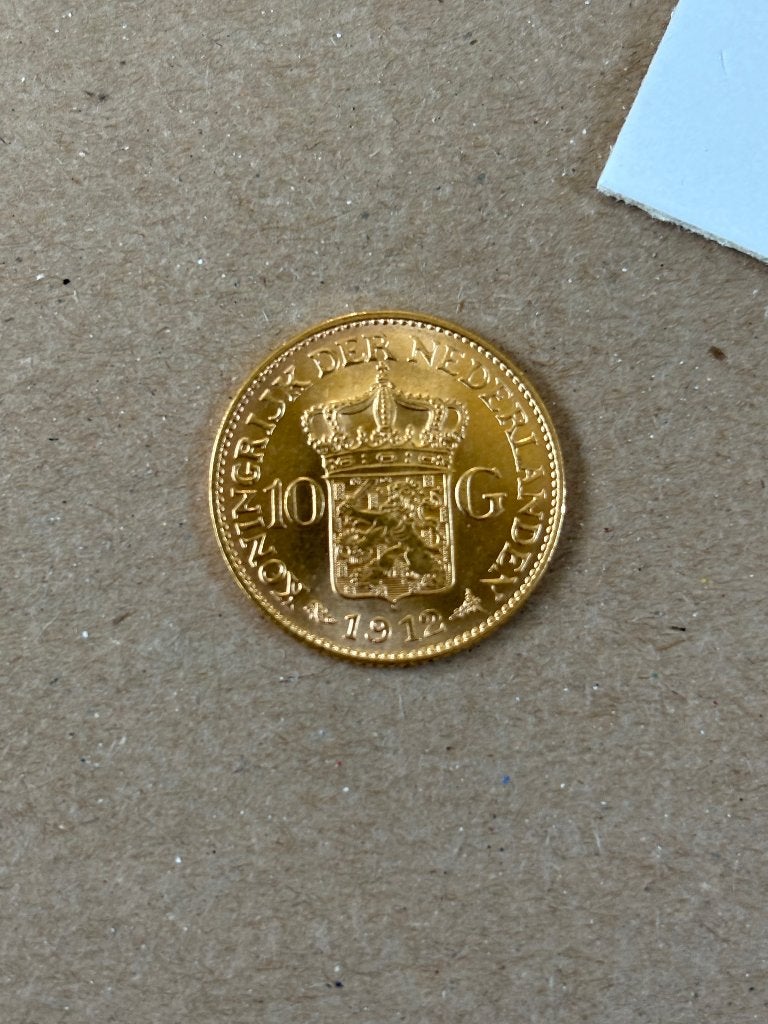 Gouden tientje Wilhelmina 1912 bijna FDC, Ophalen, Koningin Wilhelmina, 10 gulden, Losse munt