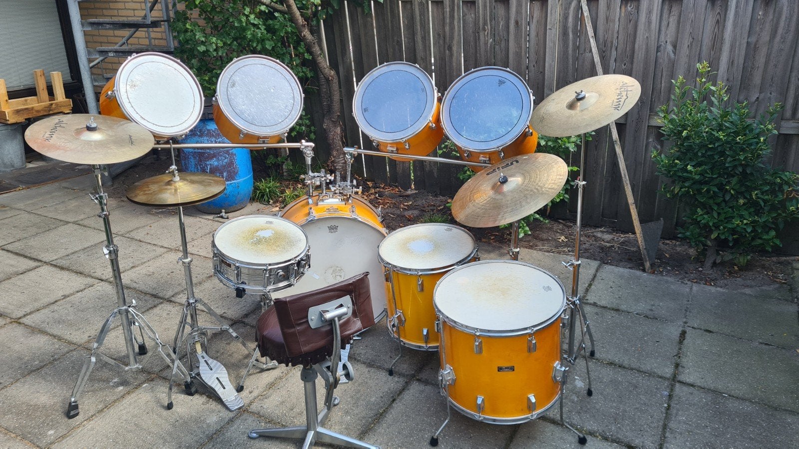 Pearl Wood-Fiberglass 70s Drumstel Orange Flash + Bekkens, Ophalen, Gebruikt, Pearl