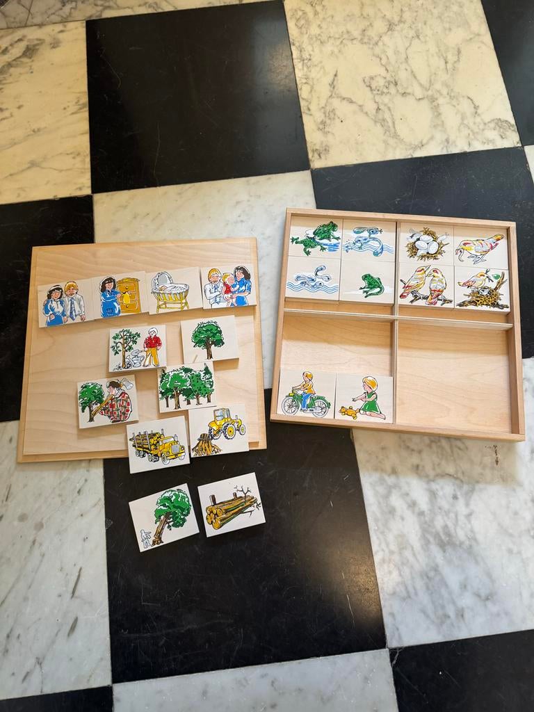 Houten puzzel in houten doos om verhaaltjes te verzinnen, Ophalen, 2 tot 4 jaar, Gebruikt, 10 tot 50 stukjes
