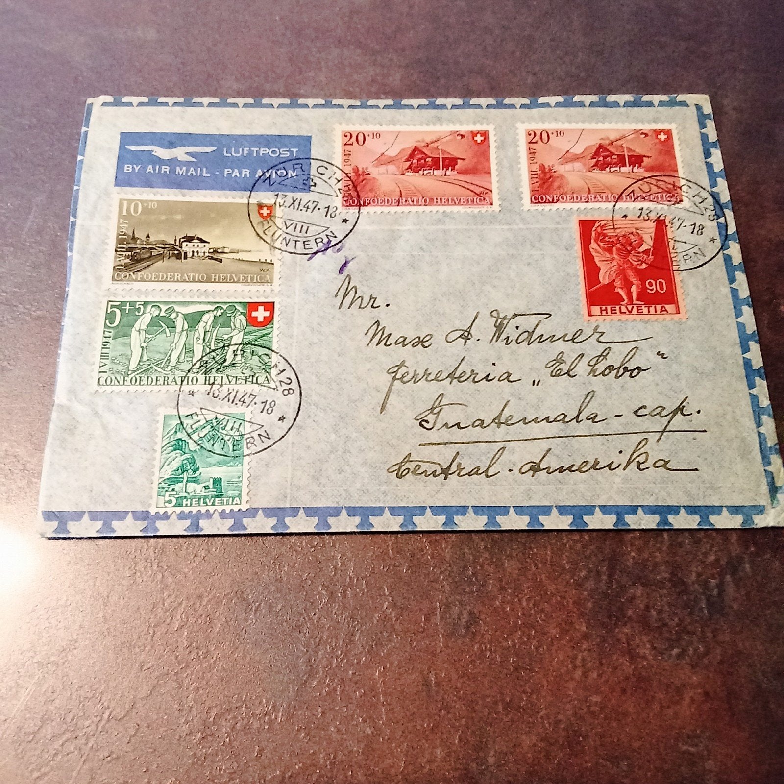 Zeldzame Zwitserse luchtpost envelop uit 1947 naar Guatemala, Ophalen of Verzenden, Brief