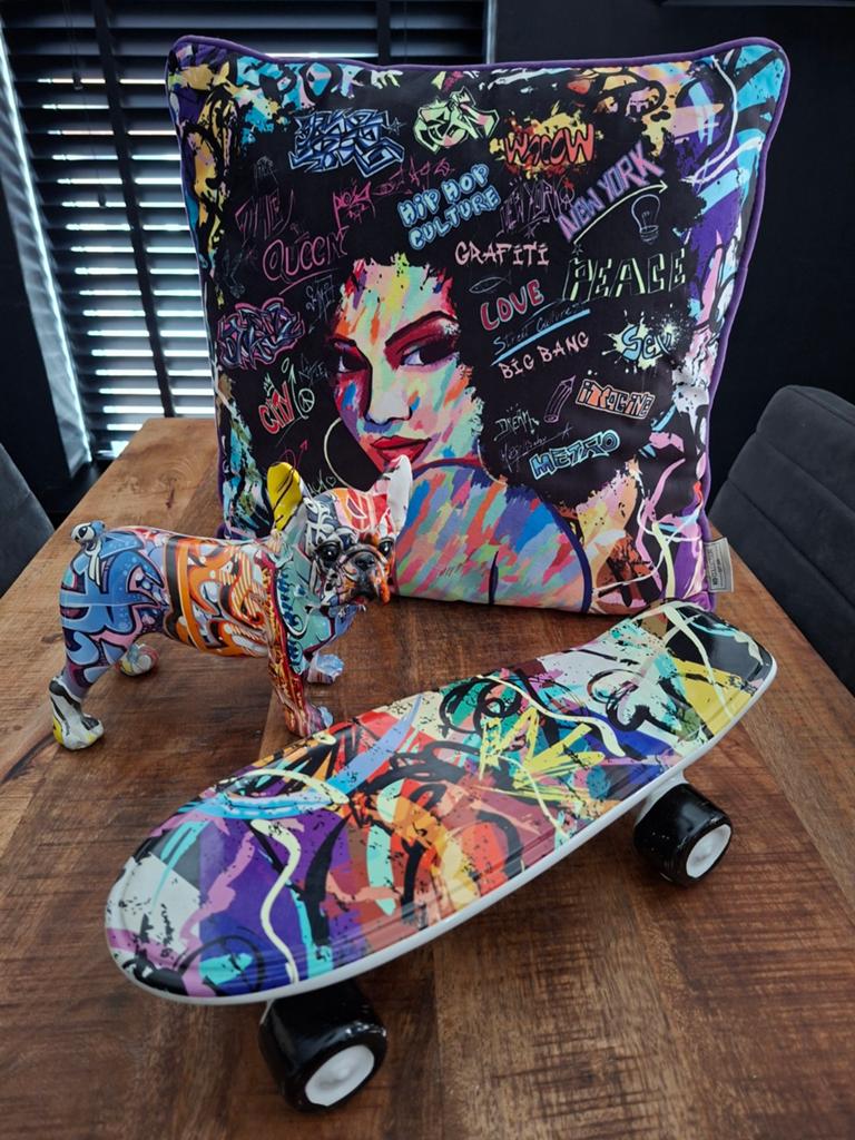 Decoratie Graffiti, franse bulldog, skateboard en kussen, Meerkleurig, Overige stijlen, Ophalen of Verzenden, Zo goed als nieuw