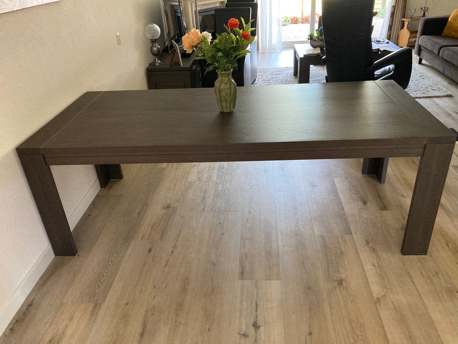 Donker bruine eetkamer tafel. Eiken look., Ophalen, 200 cm of meer, 50 tot 100 cm, Zo goed als nieuw