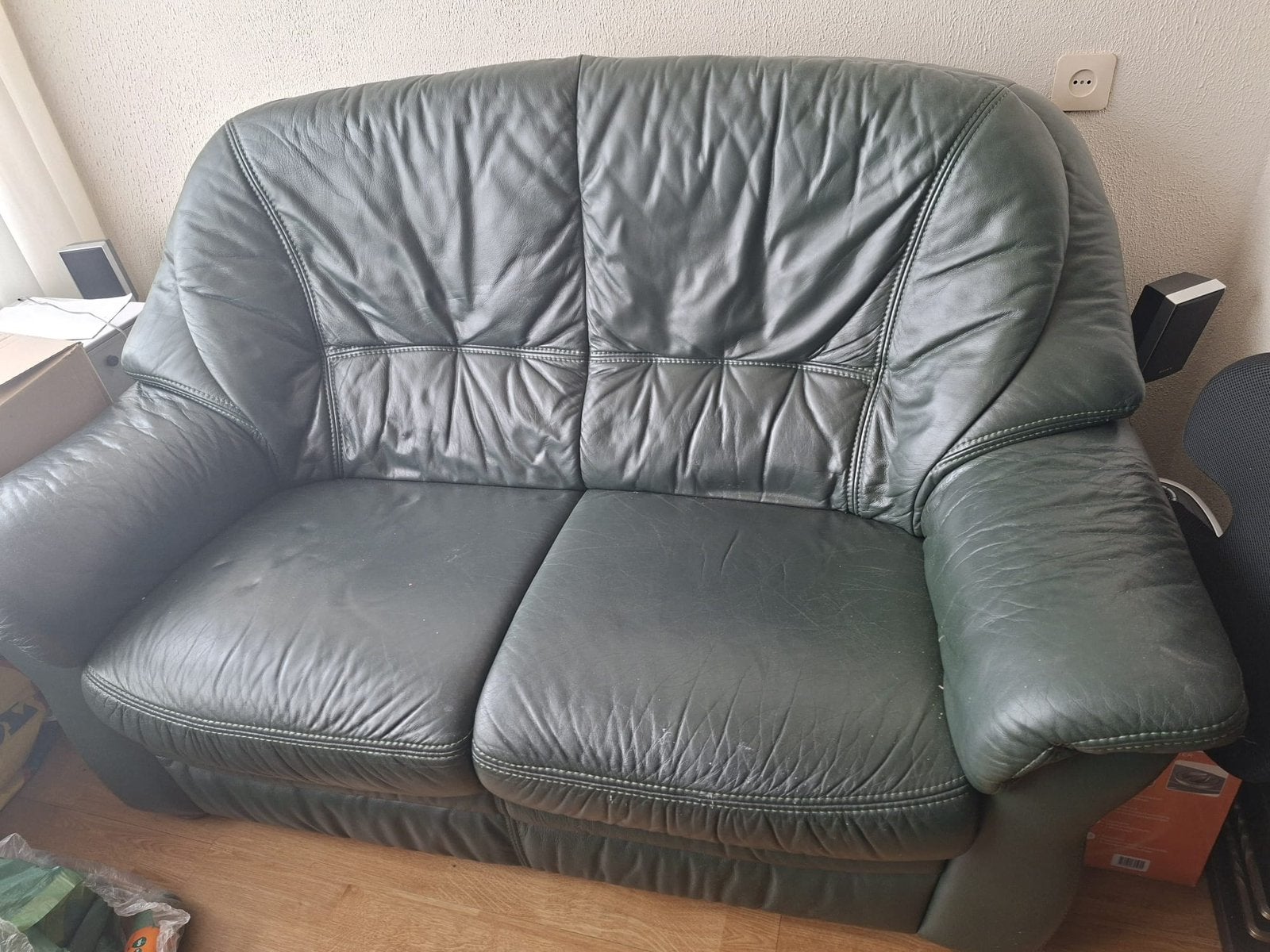 Donkergroen Leren 2-zits Bankstel met 2 Fauteuils, Huis en Inrichting, Ophalen, Gebruikt, Tweepersoons, Leer