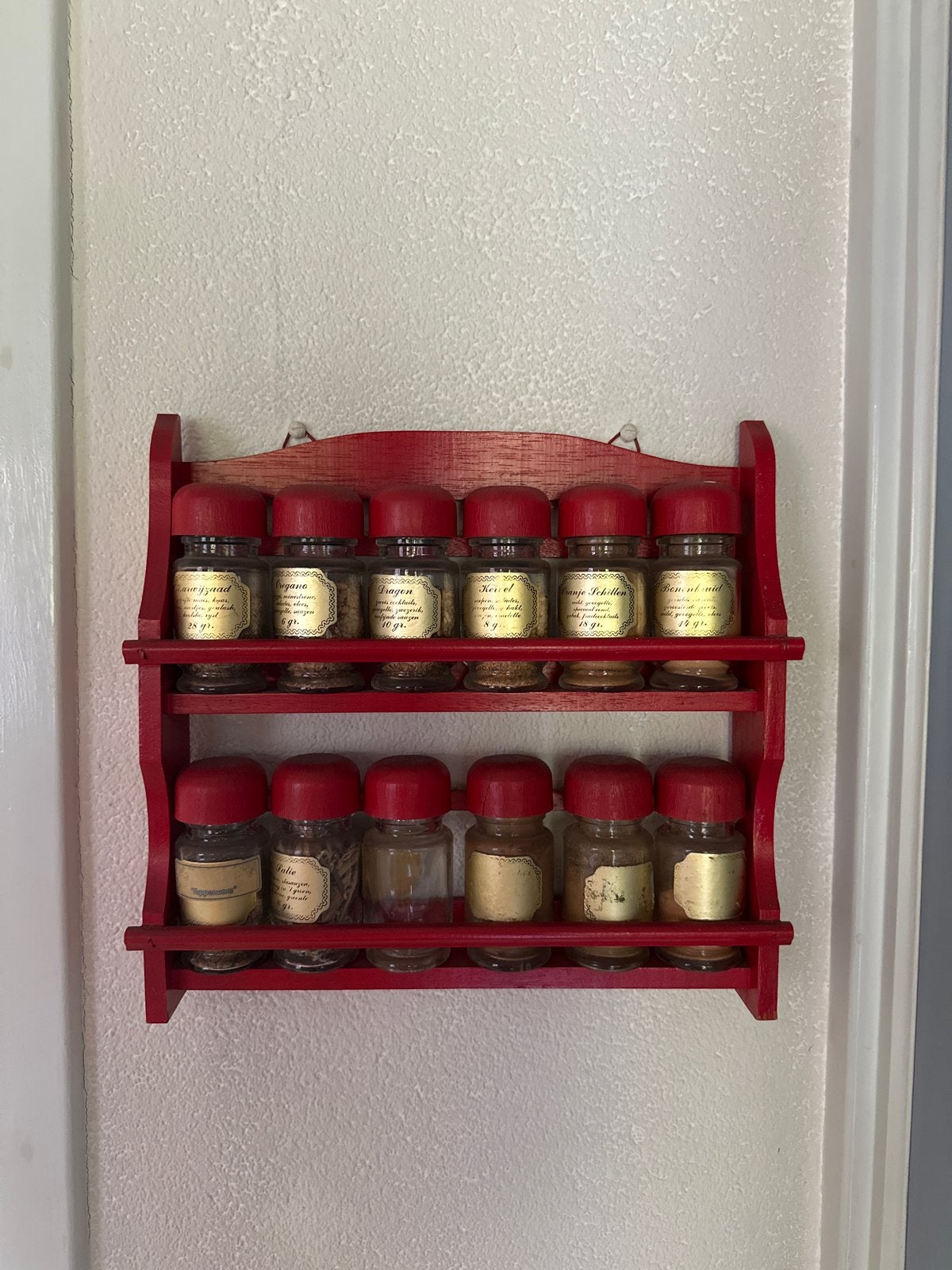 Vintage rood kruidenrek met 12 kruidenpotjes, Ophalen of Verzenden