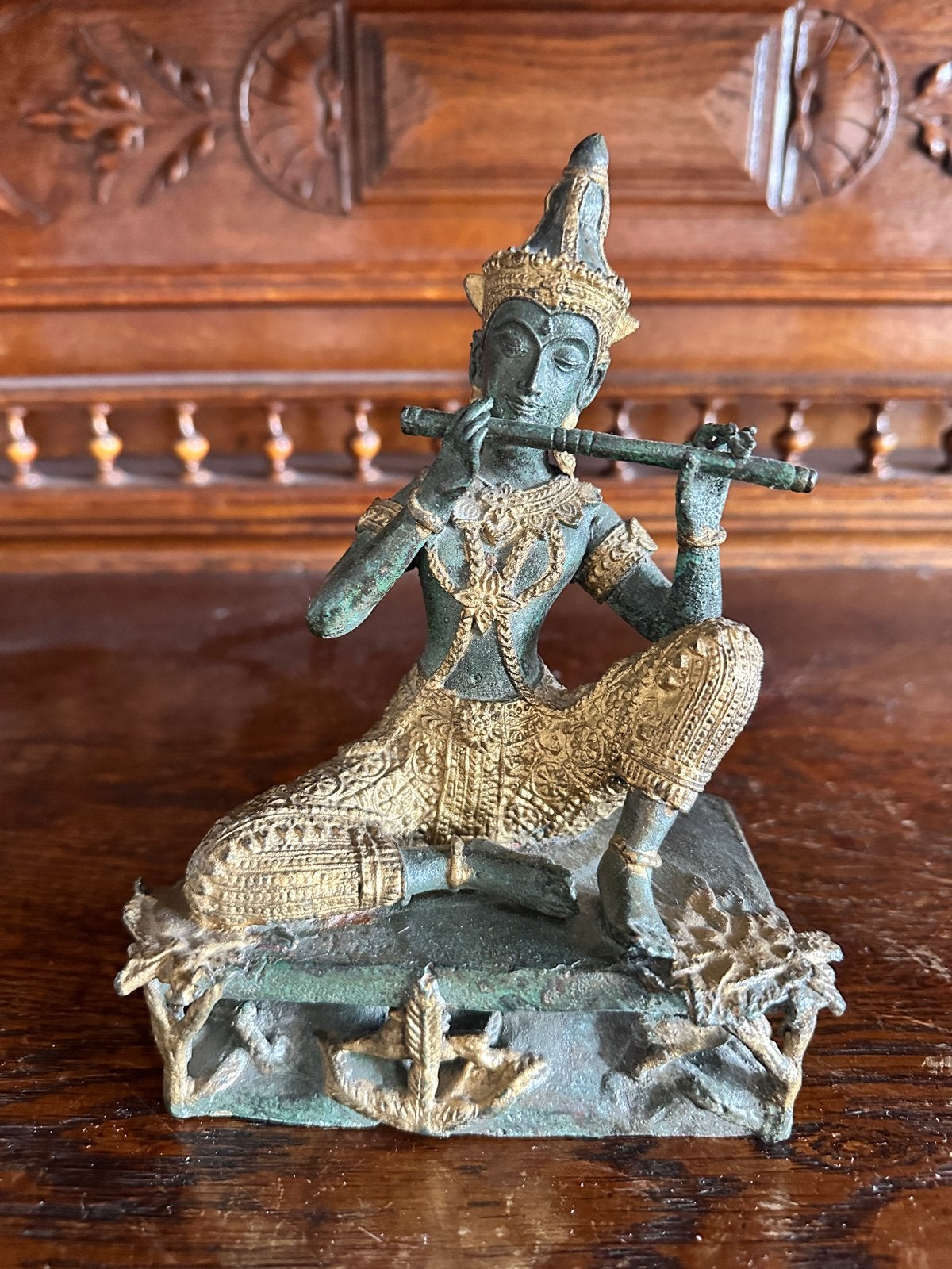 Bronzen Thaise Fluitspeler Beeld - Aziatische Kunst, Antiek en Kunst, Kunst | Beelden en Houtsnijwerken, Minder dan 20 cm, Ophalen of Verzenden