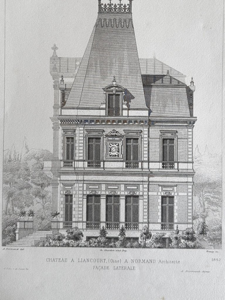 Antieke staalgravure - Print façade kasteel te Liancourt, Ophalen of Verzenden, 30 cm, 1800 - 1899, 40 cm
