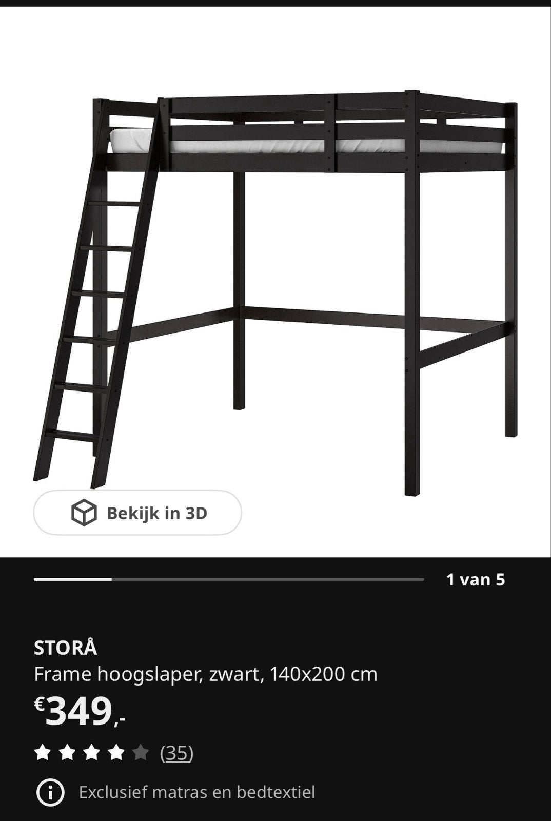 IKEA STORÅ Hoogslaper Zwart 140x200 cm (gedemonteerd), Ophalen, Gebruikt, Zwart, Tweepersoons