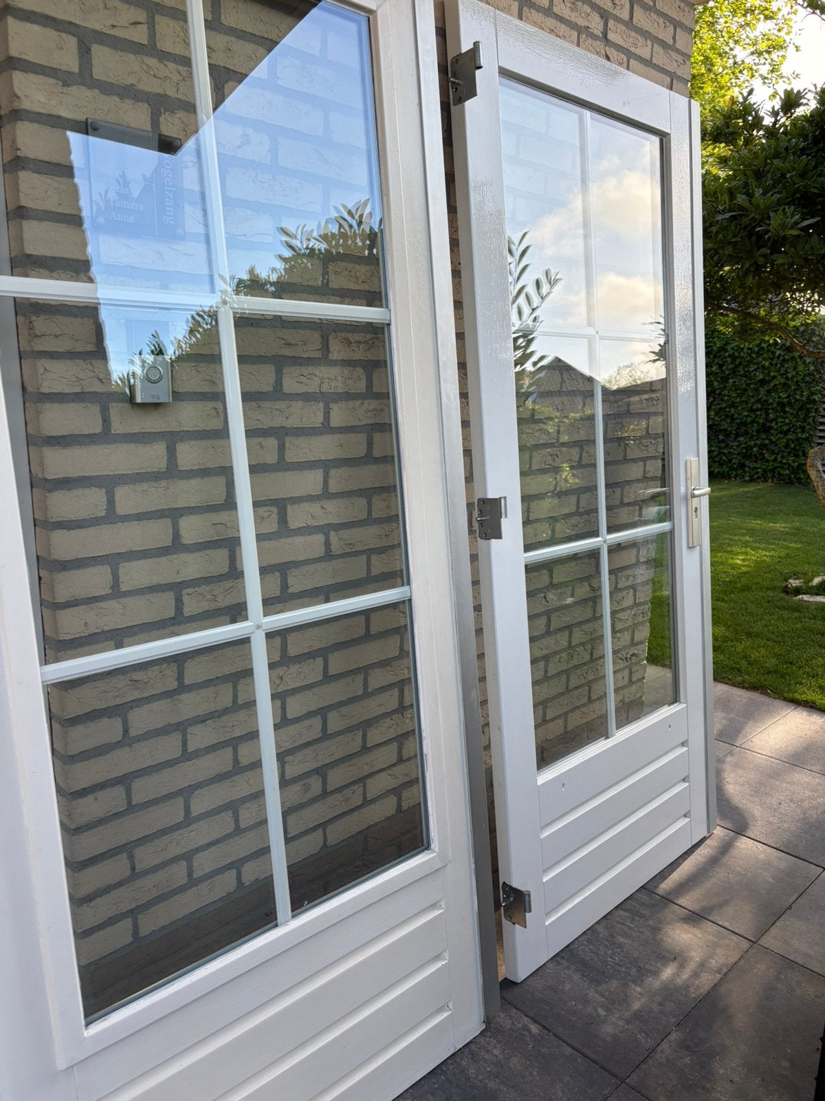 Hardhouten dubbele tuindeuren met roedes en dubbel glas, Ophalen, Deurkozijn, Zo goed als nieuw, 150 tot 225 cm