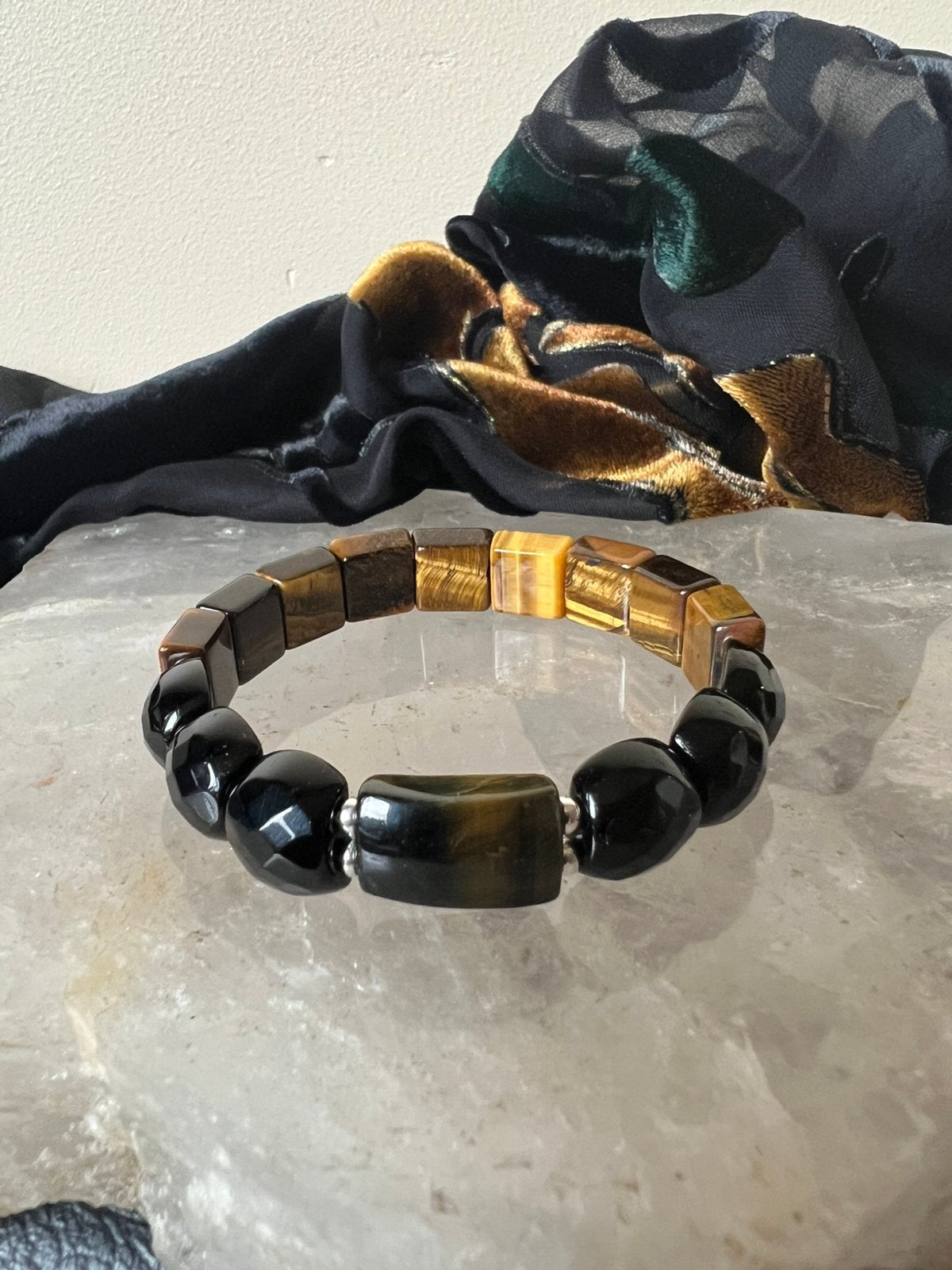 Obsidiaan tijgeroog zilver beschermt vertrouwen moed geluk, Sieraden, Tassen en Uiterlijk, Armbanden, Nieuw, Zilver, Bruin, Met bedels of kralen