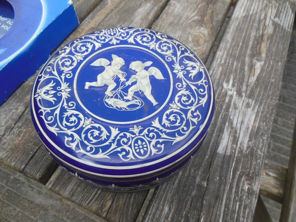 blikken blik blauw met engelen decoratie vintage verzamel, Verzamelen, Blikken, Ophalen of Verzenden, Gebruikt, Overige