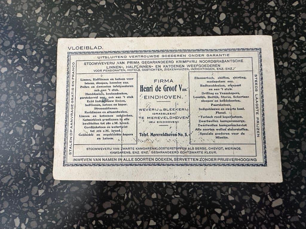 Vloeiblad Henri de Groof Eindhoven. Weverij en bleekerij., Ophalen of Verzenden, Gebruikt, Overige typen