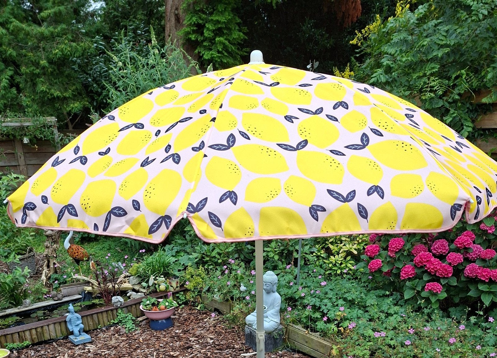 Leuke zomerse parasol met citroendessin. 160 × 200 cm., Ophalen, 1 tot 2 meter, Verstelbaar