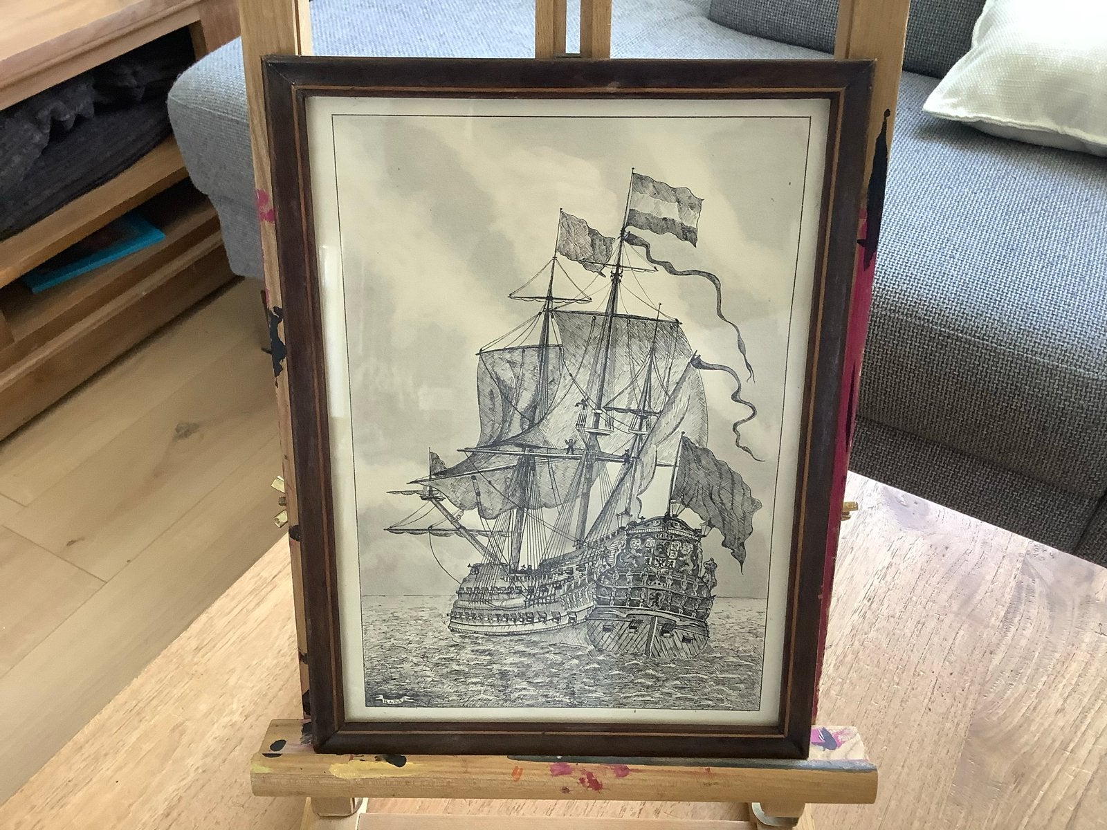 Oude zeilschip prent in lijst, Antiek en Kunst, Ophalen of Verzenden