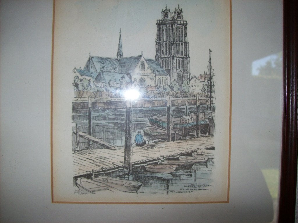 lithografie Jos van Dijk - olvr. kerk Dordrecht + jachthaven, Ophalen of Verzenden