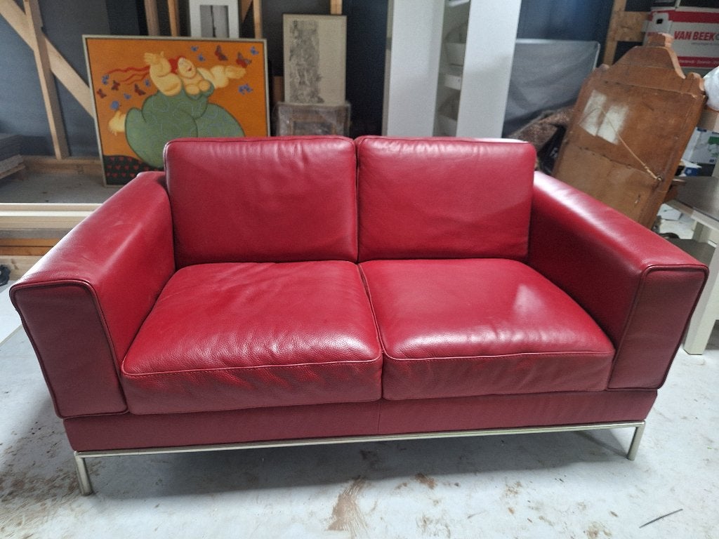 rood leren bank, Modern design, Twee, Leer, Ophalen of Verzenden