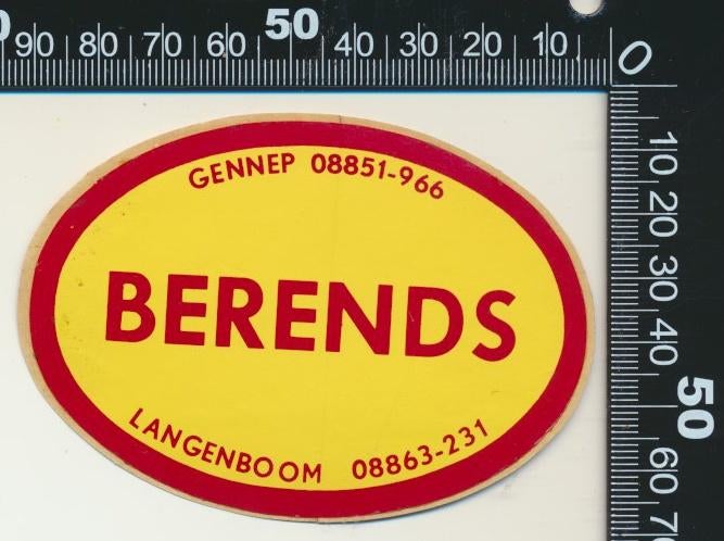 Sticker: Berends - Gennep - Langenboom, Ophalen of Verzenden, Zo goed als nieuw, Bedrijf of Vereniging
