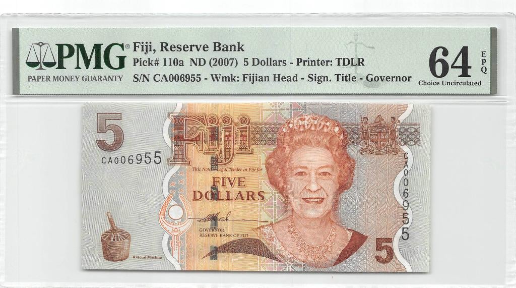 Fiji Islands 5 Dollars 2007 Unc PMG 64 EPQ, Ophalen of Verzenden, Los biljet