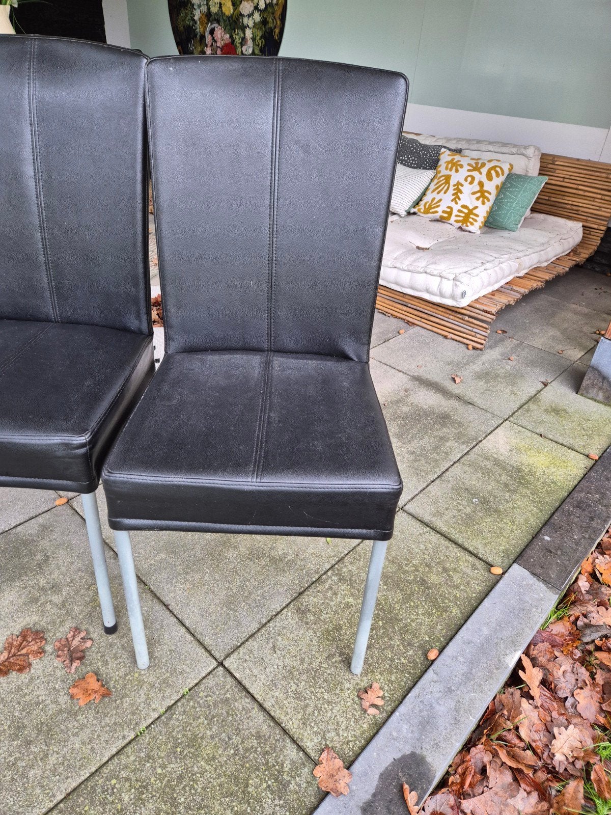 8 zwarte eetkamerstoelen met stalen frame, Huis en Inrichting, Stoelen, Ophalen, Gebruikt, Zwart, Metaal