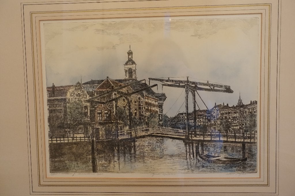 Gezicht op Appelmarktbrug in Schiedam, Stadsgezicht, Ophalen of Verzenden, Gravure, Origineel