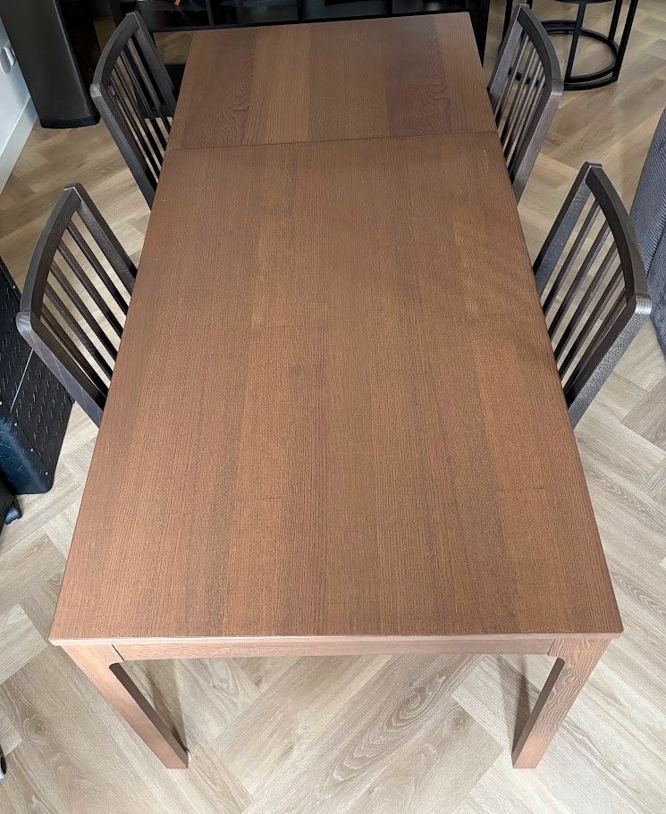IKEA eikenhouten uitschuifbare eettafel + 4 eetstoelen, Huis en Inrichting, Tafels | Eettafels, Gebruikt, 50 tot 100 cm, 150 tot 200 cm