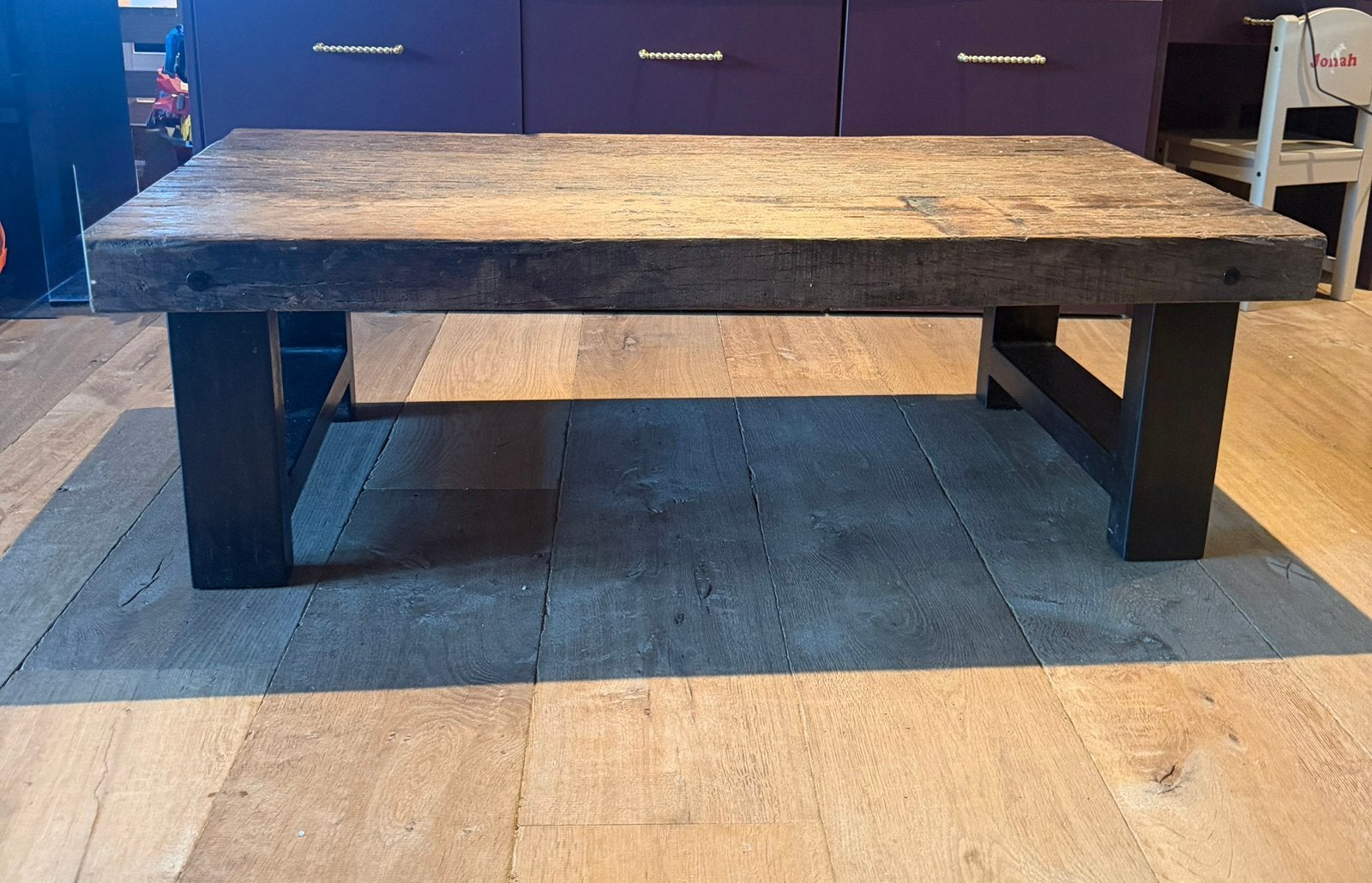 Robuuste salontafel met stalen poot, Ophalen, Gebruikt, 100 tot 150 cm, 50 tot 100 cm