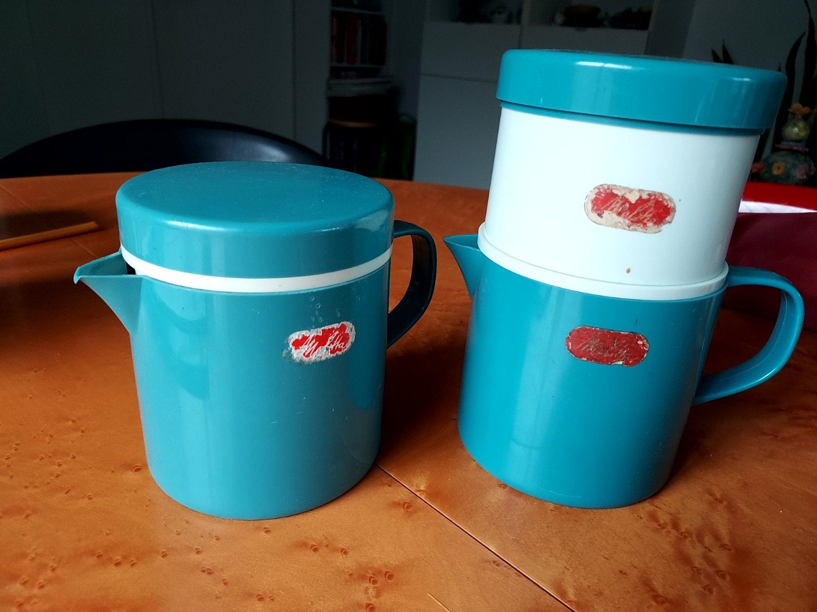 Vintage koffiezetapparaat/theepot set Melitta - Blauw, Ophalen of Verzenden, Gebruikt, Kunststof, Blauw