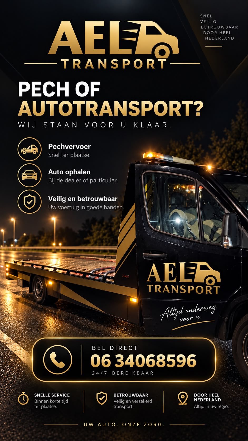 24/7 Bereikbaar voor Autotransport binnen en buitenland, Diensten en Vakmensen, Met chauffeur, Aanhangwagen