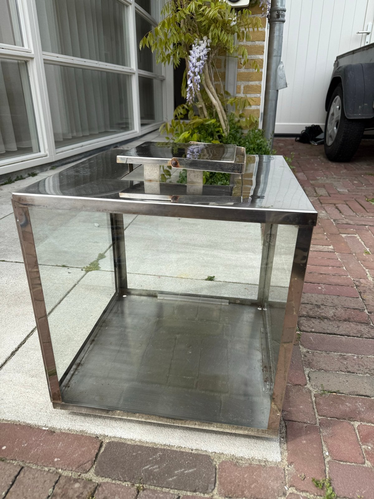 RVS Buitenlamp / Sokkellamp - ca. 45x40 cm, Gebruikt, Waterbestendig, Zilver, Ophalen