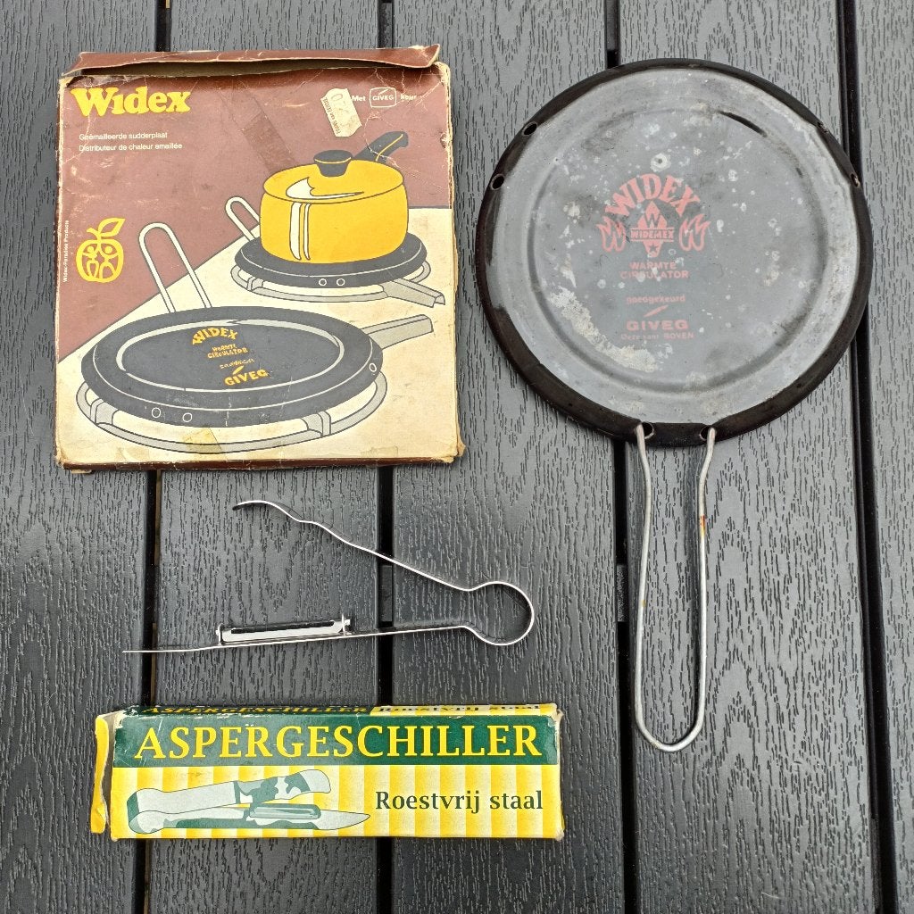 Vintage RVS  aspergeschiller en WIDEX sudderplaatje, Overige typen, Ophalen of Verzenden, Zo goed als nieuw, Zwart